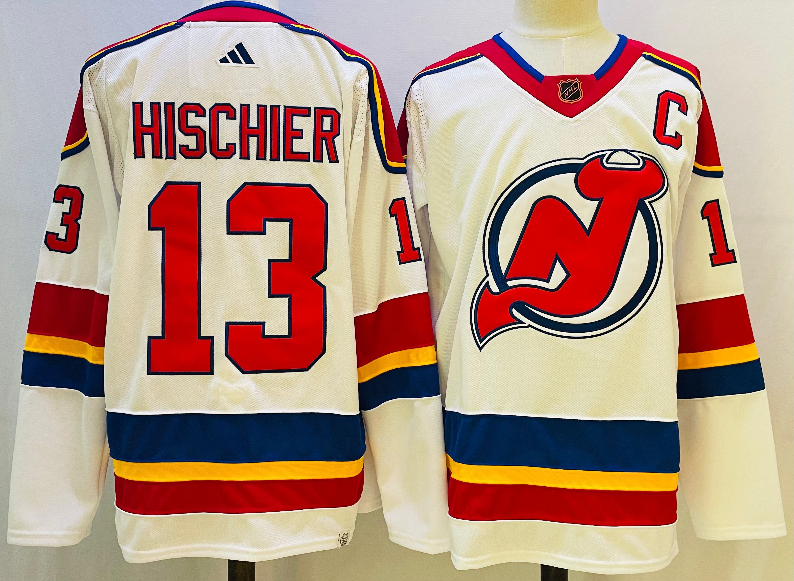 Men New Jersey Devils #13 Hischier White Throwback 2022 Adidas NHL Jersey->new jersey devils->NHL Jersey